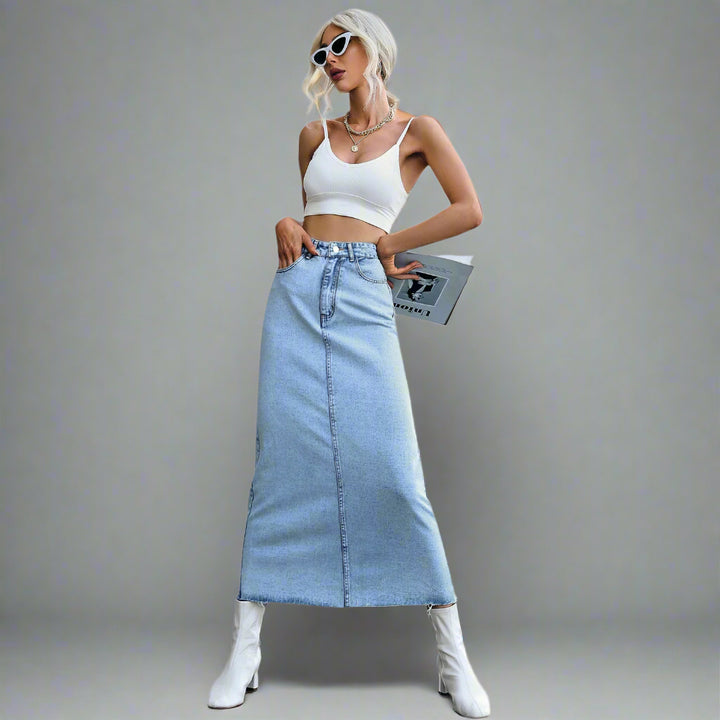 Light Blue Midi Denim Skirt With Freyed Hem
