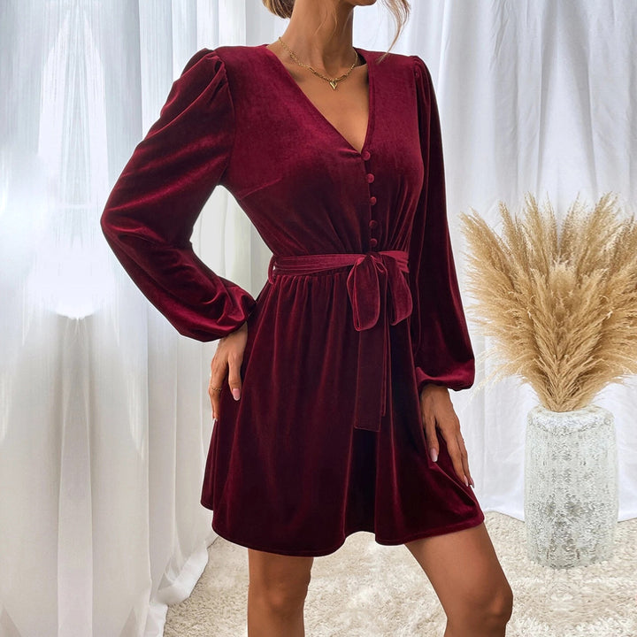 Burgundy V Neck Button Up Velour Dress With Tie Up