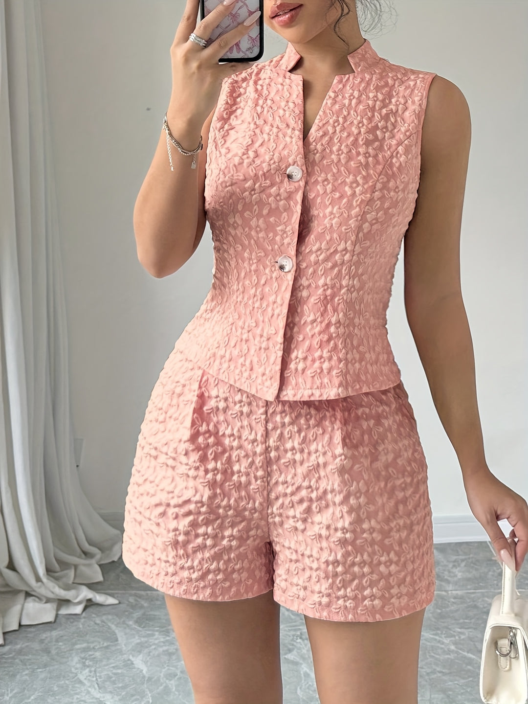 Pink Button Down Blazer Top And Shorts