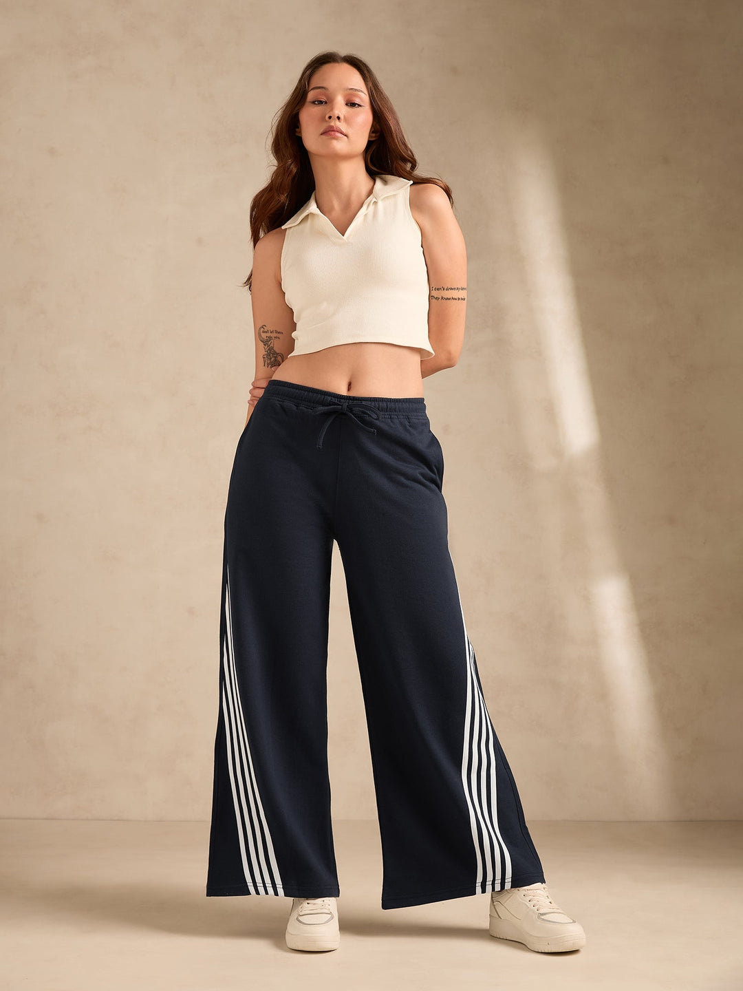 Navy Blue Contrast Striped Wide Leg Sweatpants