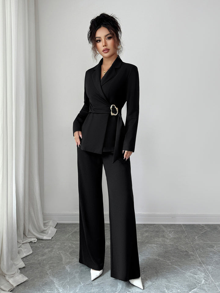 Black Full Sleeve Belted Detail Top And Pant Set