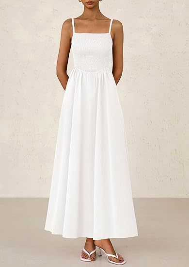 White Strappy Square Neck Cinched Waist Dress With Pockets