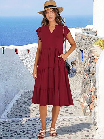 Burgundy High V Neck Tiered Dress With Pockets