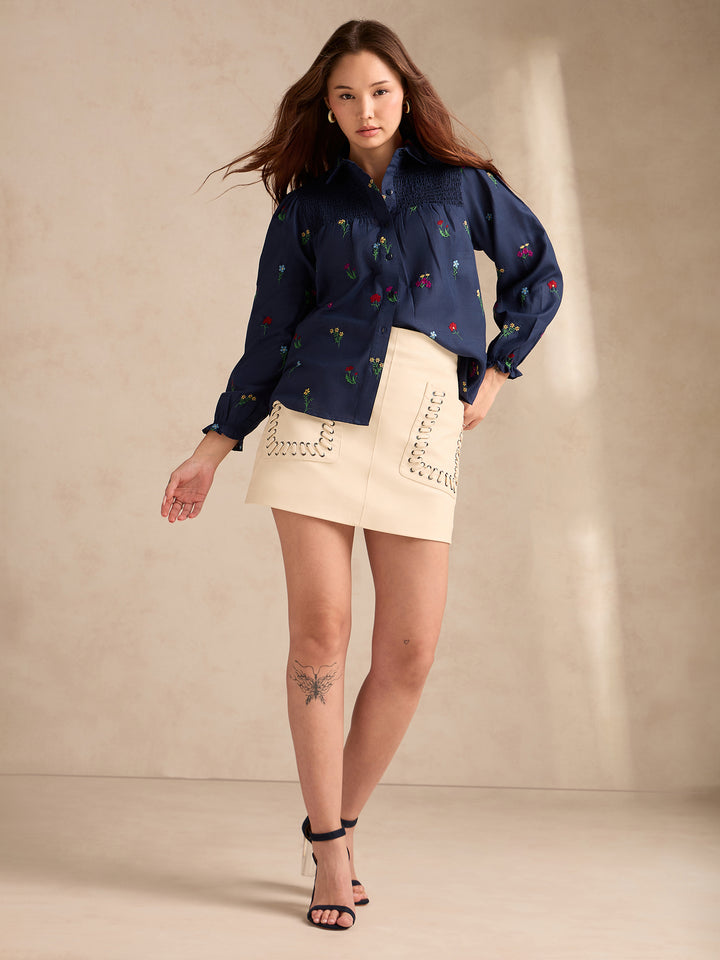 Navy Blue All-over Embroidered Blouse With Smocked Yoke Detail