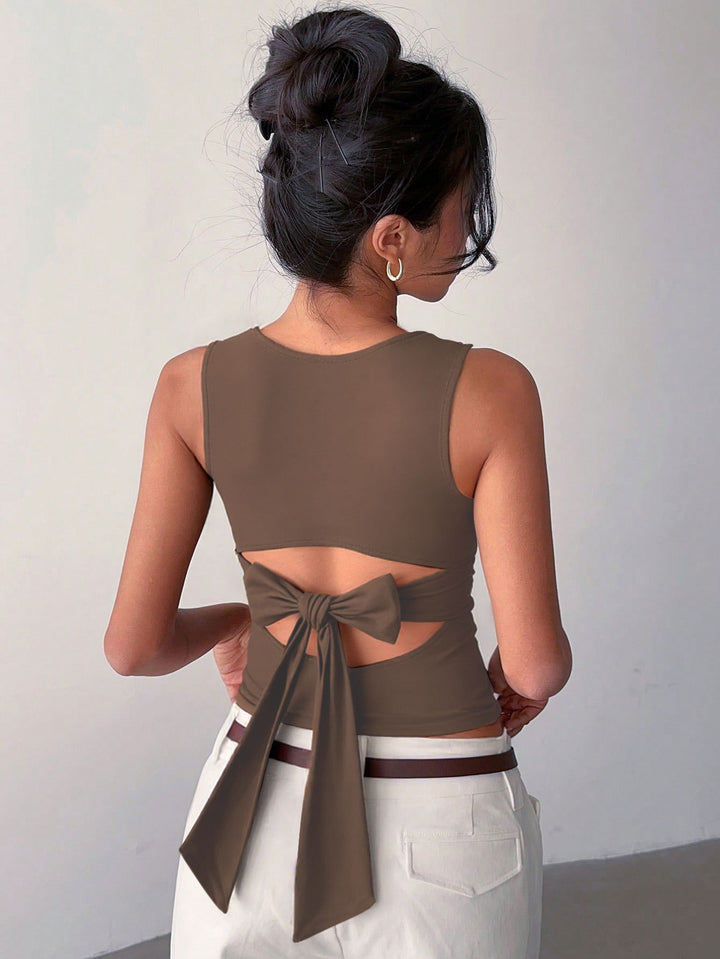 Brown Round Neck Sleeveless Top