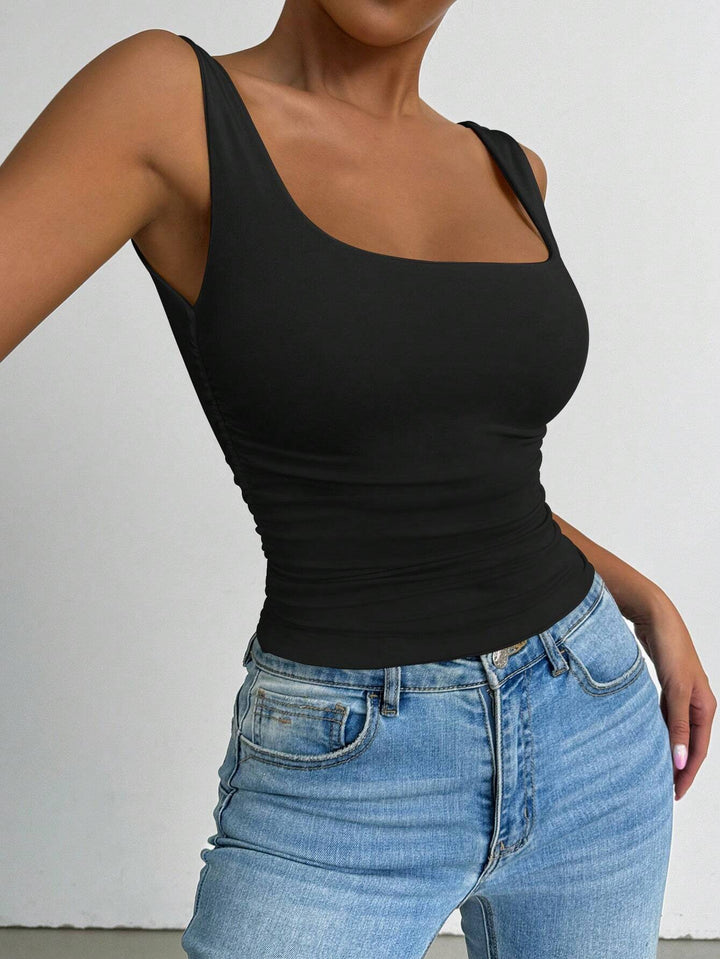 Black Wide Shoulder Strap Round Neck Top