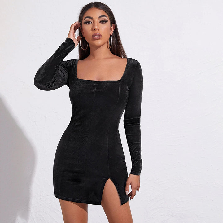 Black Full Sleeve Fitted Side Slit Dress