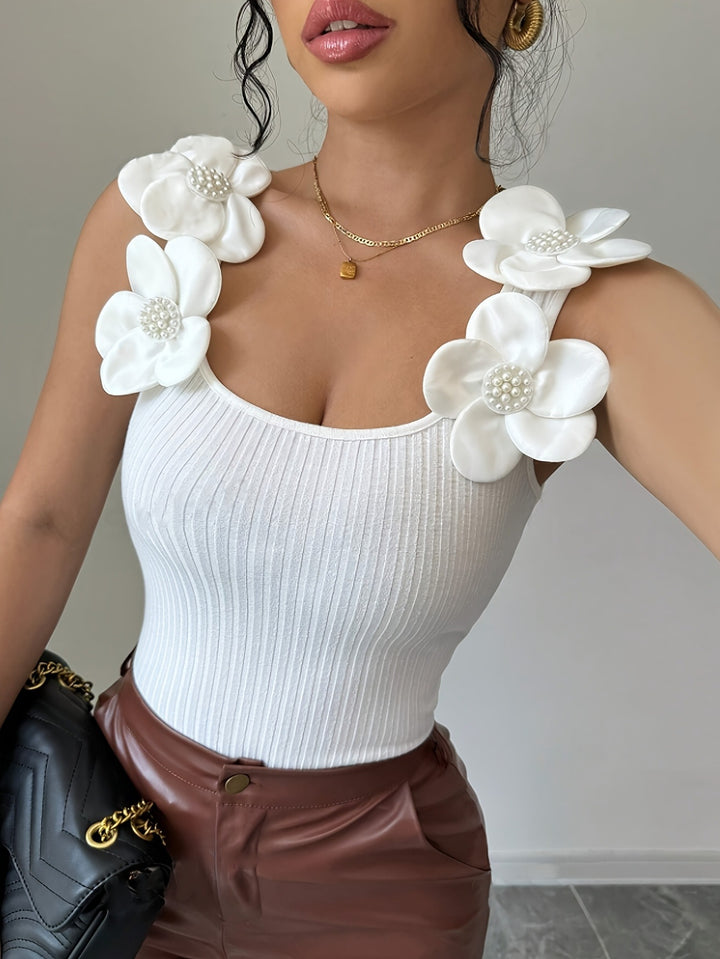 White Floral Embellished Sleeve Fitted Top
