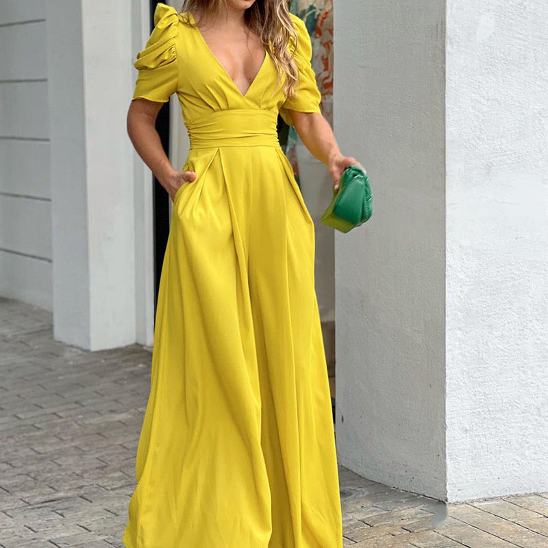 Yellow V Neck Wasit Band Fit Flare Dress