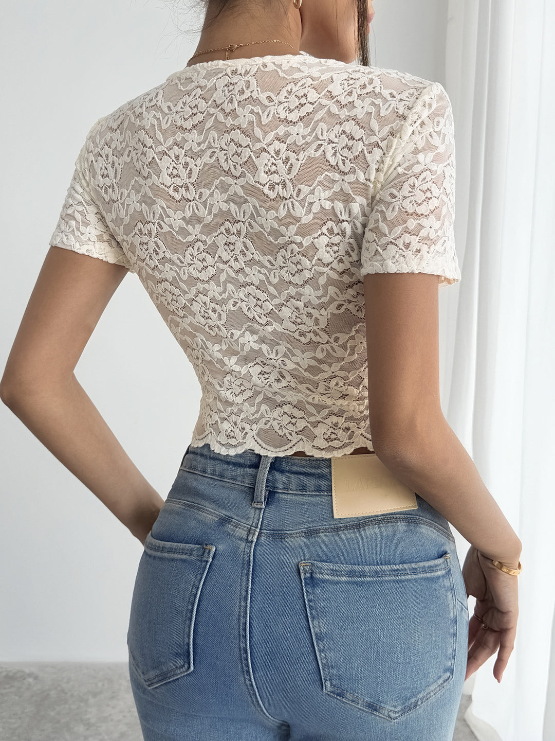 Cream Short Sleeve Scallop Hem Crop Top
