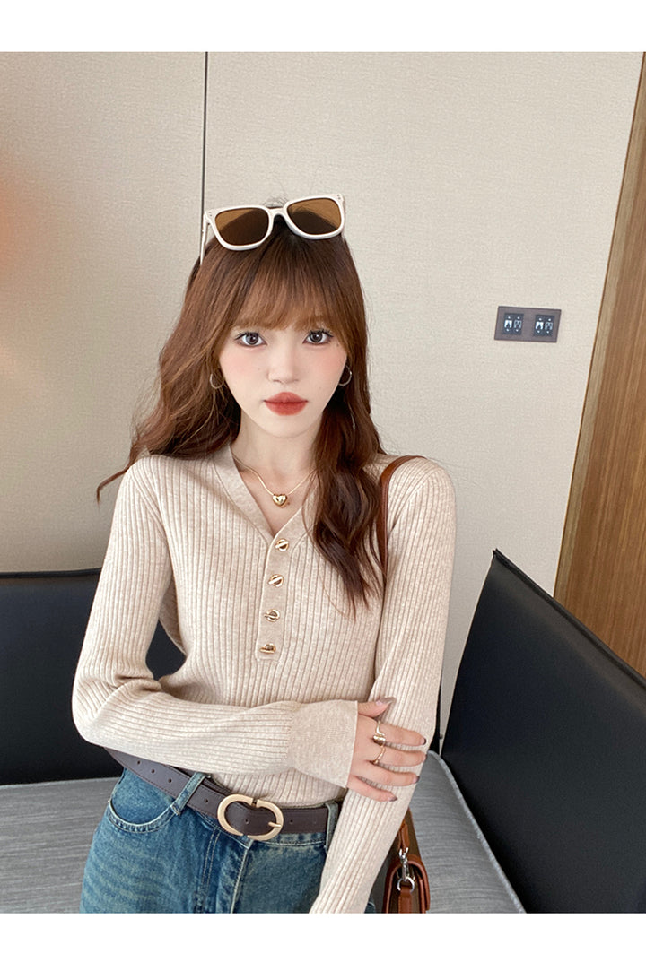 Beige Full Sleeve V Neck Buttoned Fitted Top