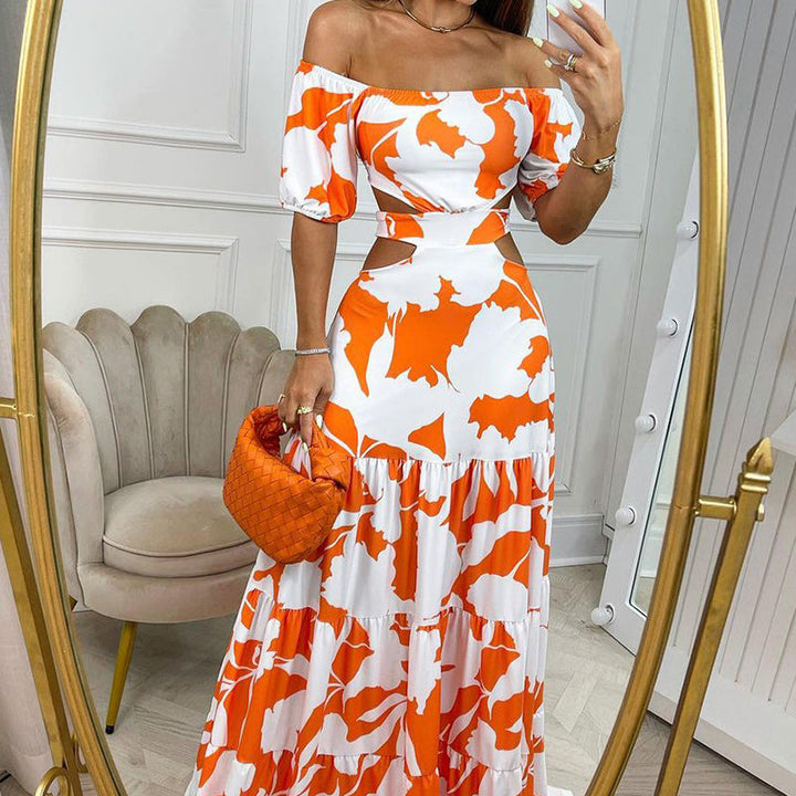 Red Broad Neck Waist Cut Out Tiered Flared Maxi Dress