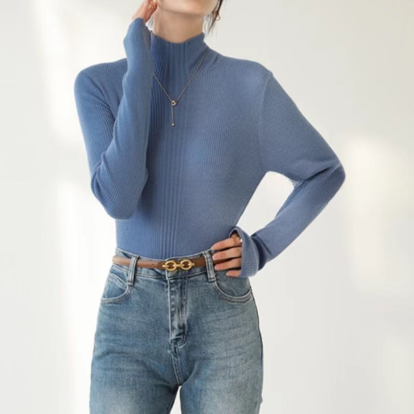 Blue Full Sleeve Mock Neck Fitted Sweater
