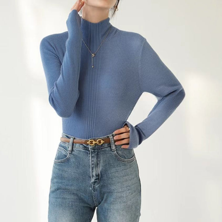 Blue Full Sleeve Mock Neck Fitted Sweater