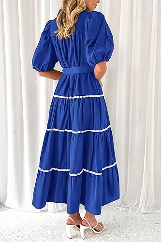 Navy Blue Button Down Puff Sleeved Shirt Dress