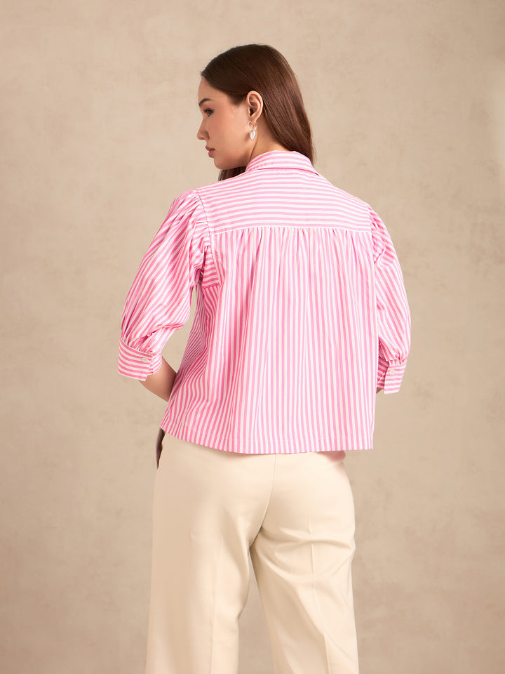 Pink Relaxed Fit Striped Shirt With Balloon Sleeves