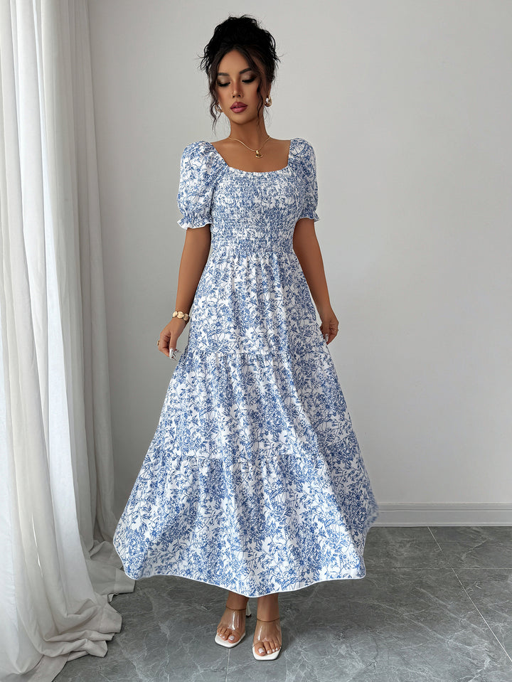 Blue Printed Round Neck Dress