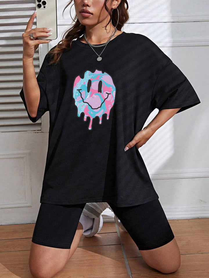 Black Smiley Chest Print Graphic Tshirt