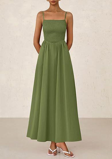 Olive Strappy Square Neck Cinched Waist Dress With Pockets