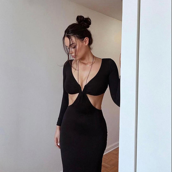 Black V-Neck Long Sleeve Cut-Out Dress