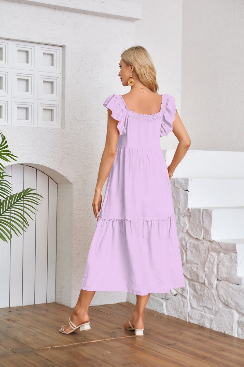 Purple Solid Flutter Sleeved Empire Waist Smocked Dress