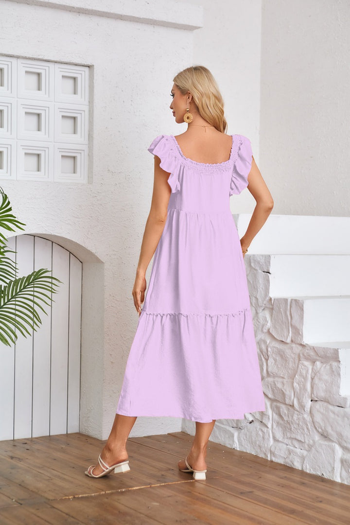 Purple Solid Flutter Sleeved Empire Waist Smocked Dress