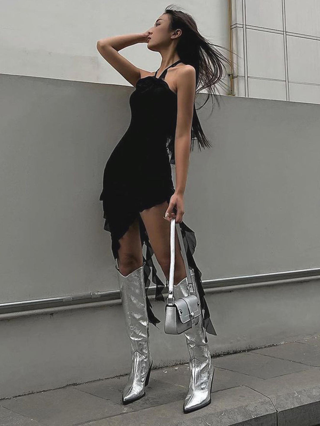 Black Tie Neck Mini Bodycon Dress