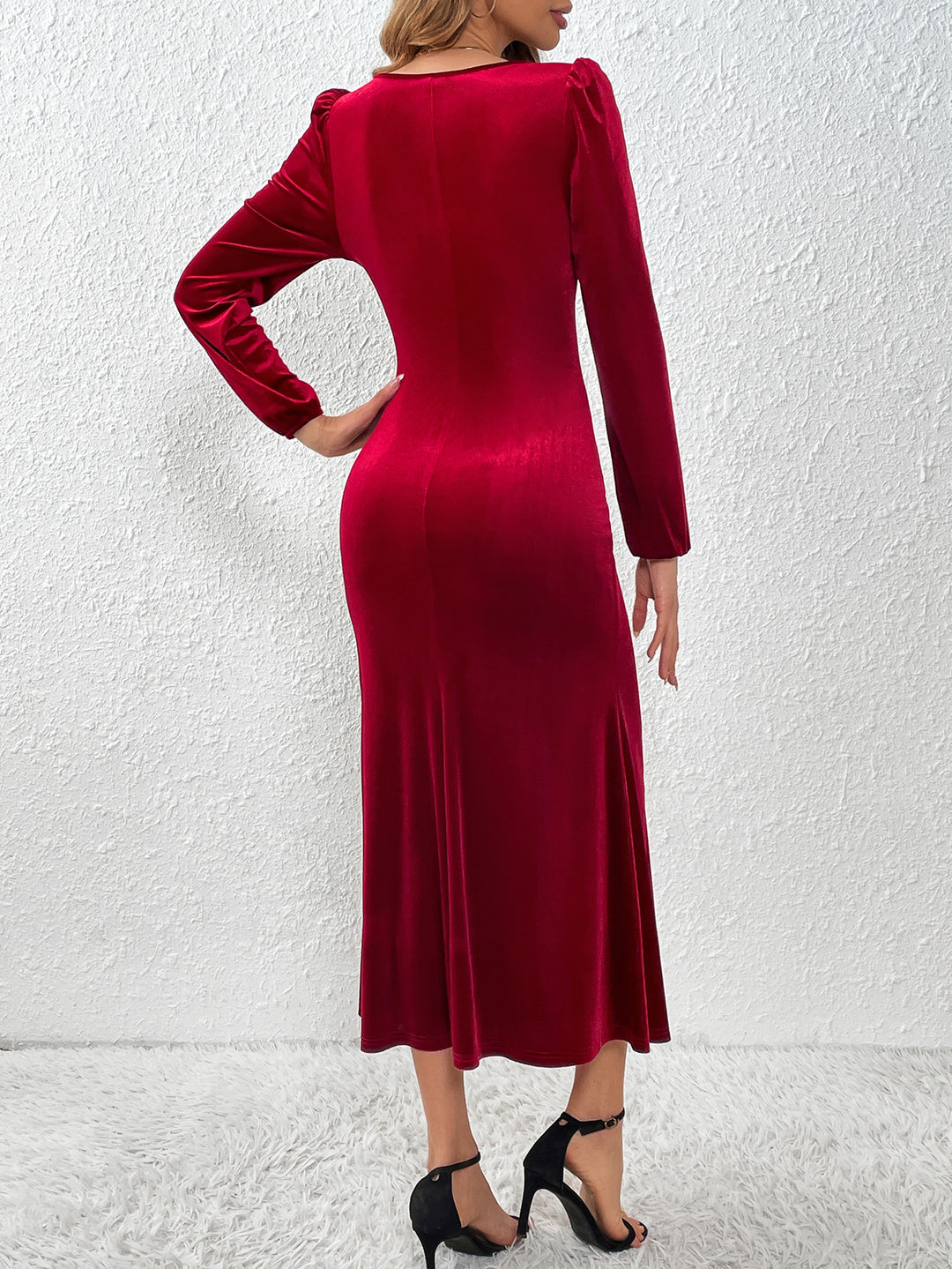 Red Power Shoulder Side Slit Dress