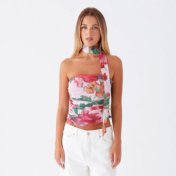 Multicolour Strapless Pleated Crop Top