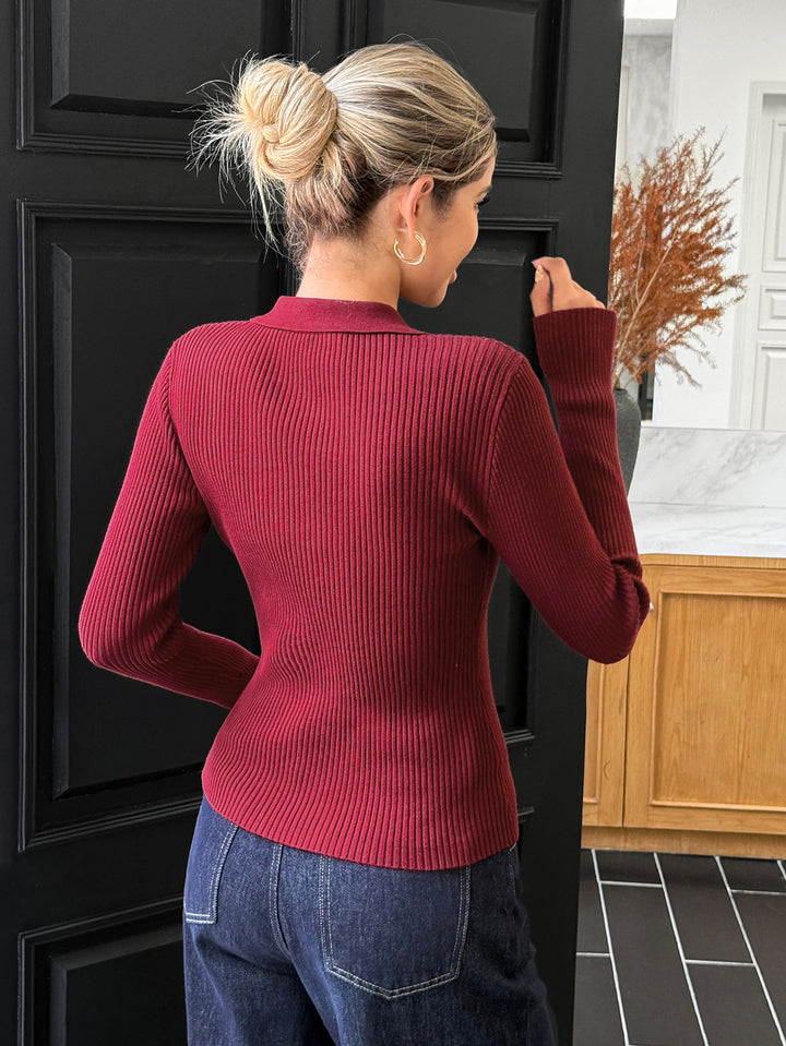 Maroon Full Sleeve Collared Neck Front Buttoned Top
