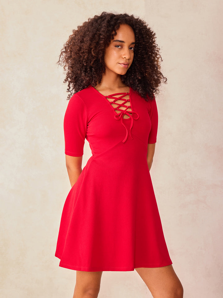 Red Plunge Tie Up Neck Dress