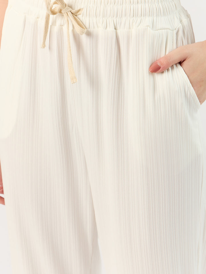 Solid White Textured Wide Leg Trouser