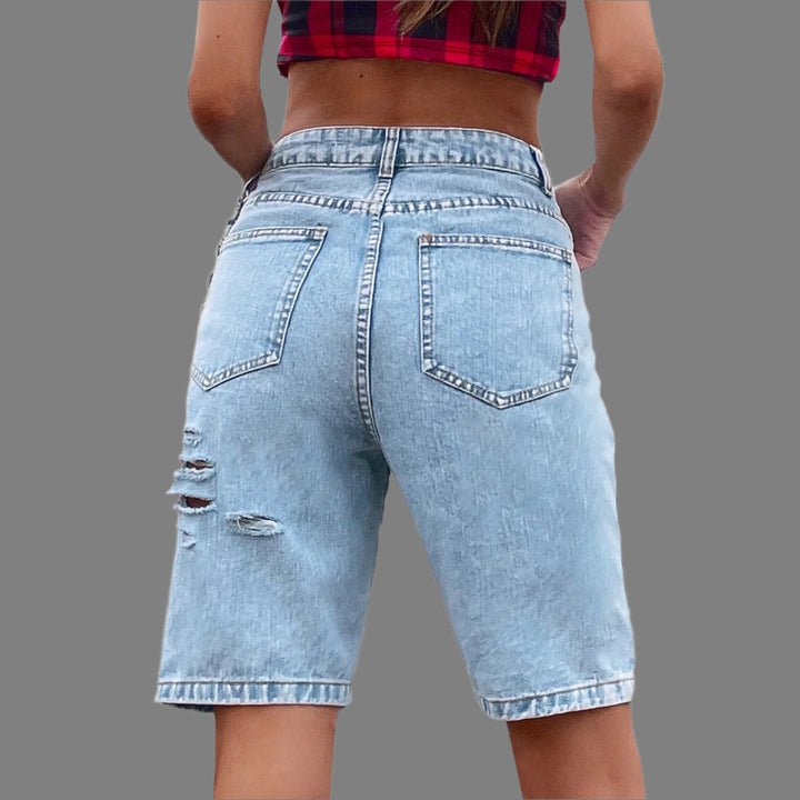 Light Blue Bermuda Denim Shorts With Freyed Hem