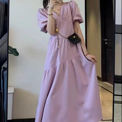Lilac A-Line Dress With Puff Sleeve