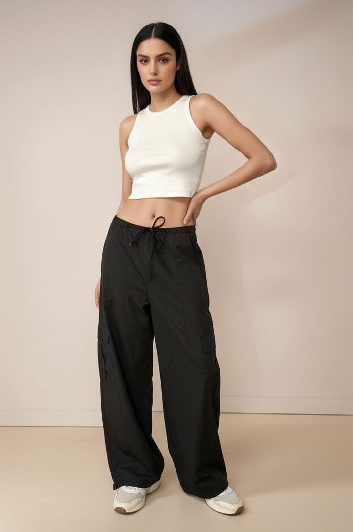 Black Cargo Pockets Drawstring Wid Leg Trouser