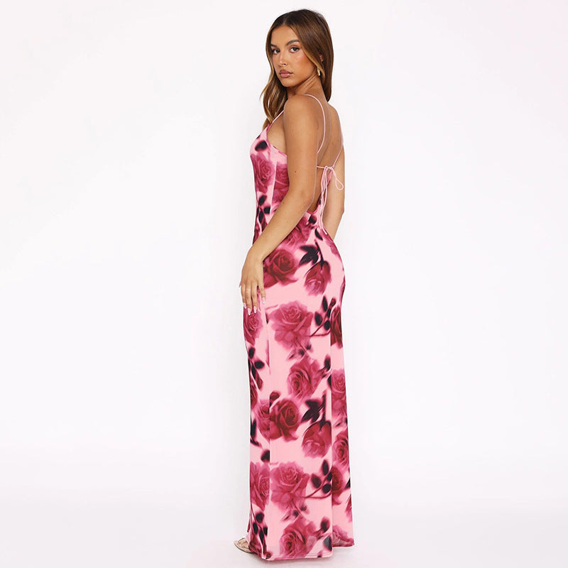 Pink Spaghetti Strap Printed Bodycon Maxi Dress