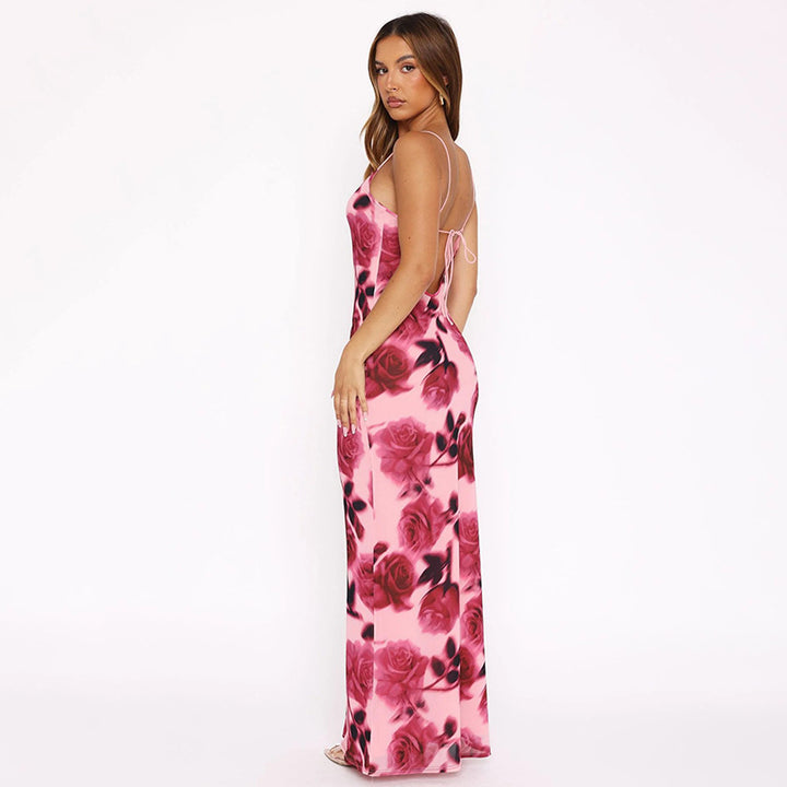 Pink Spaghetti Strap Printed Bodycon Maxi Dress