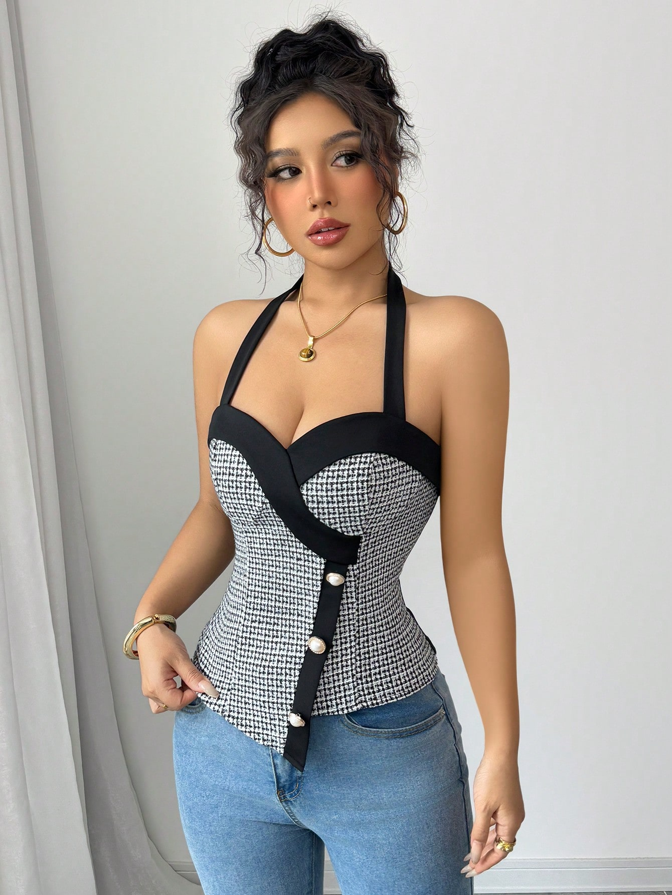 Black Halter Neck Asymmetrical Top