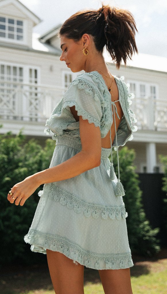 Green Plunge Neck Bat Sleeves Dress