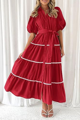 Red Button Down Puff Sleeved Shirt Dress