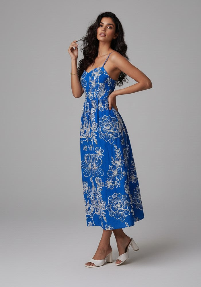 Blue Spaghetti Strap Sweetheart Neck Printed Dress