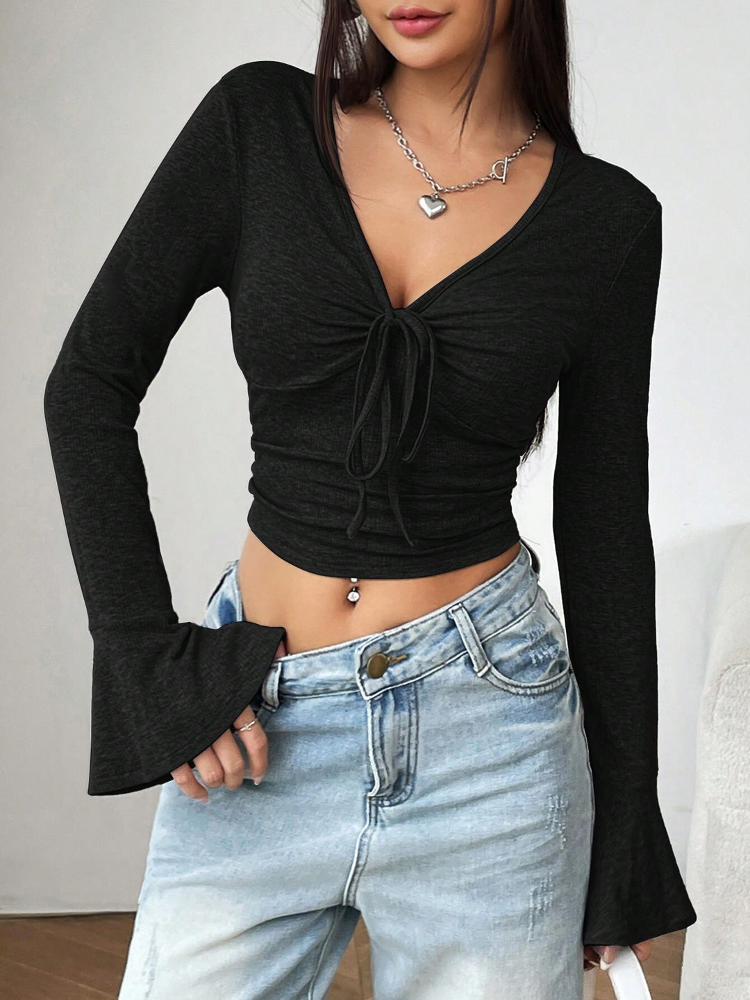 Black V Neck With Tie Up Detail Top