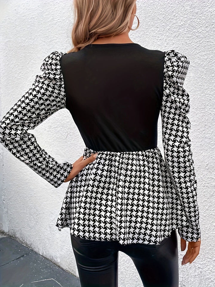 Black Solid With Check Match Puff Sleeves Top