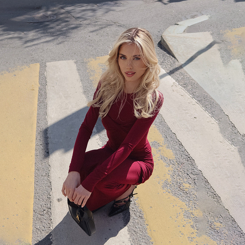 Wine High Neck Full Sleeve Dress