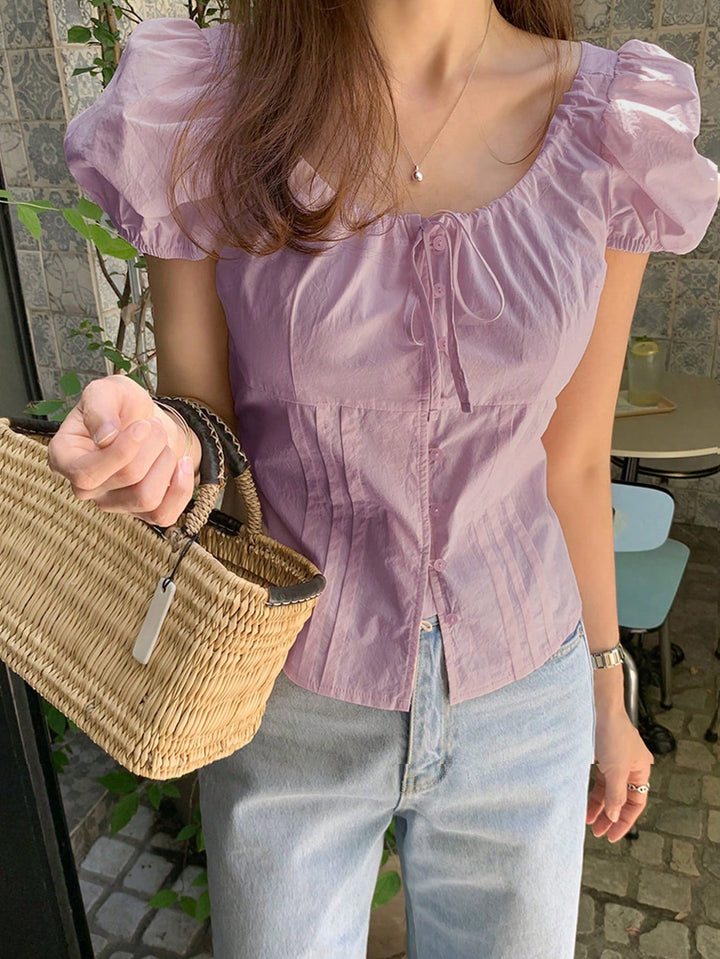 Lavender Puff Sleeve Front Tie Up Top
