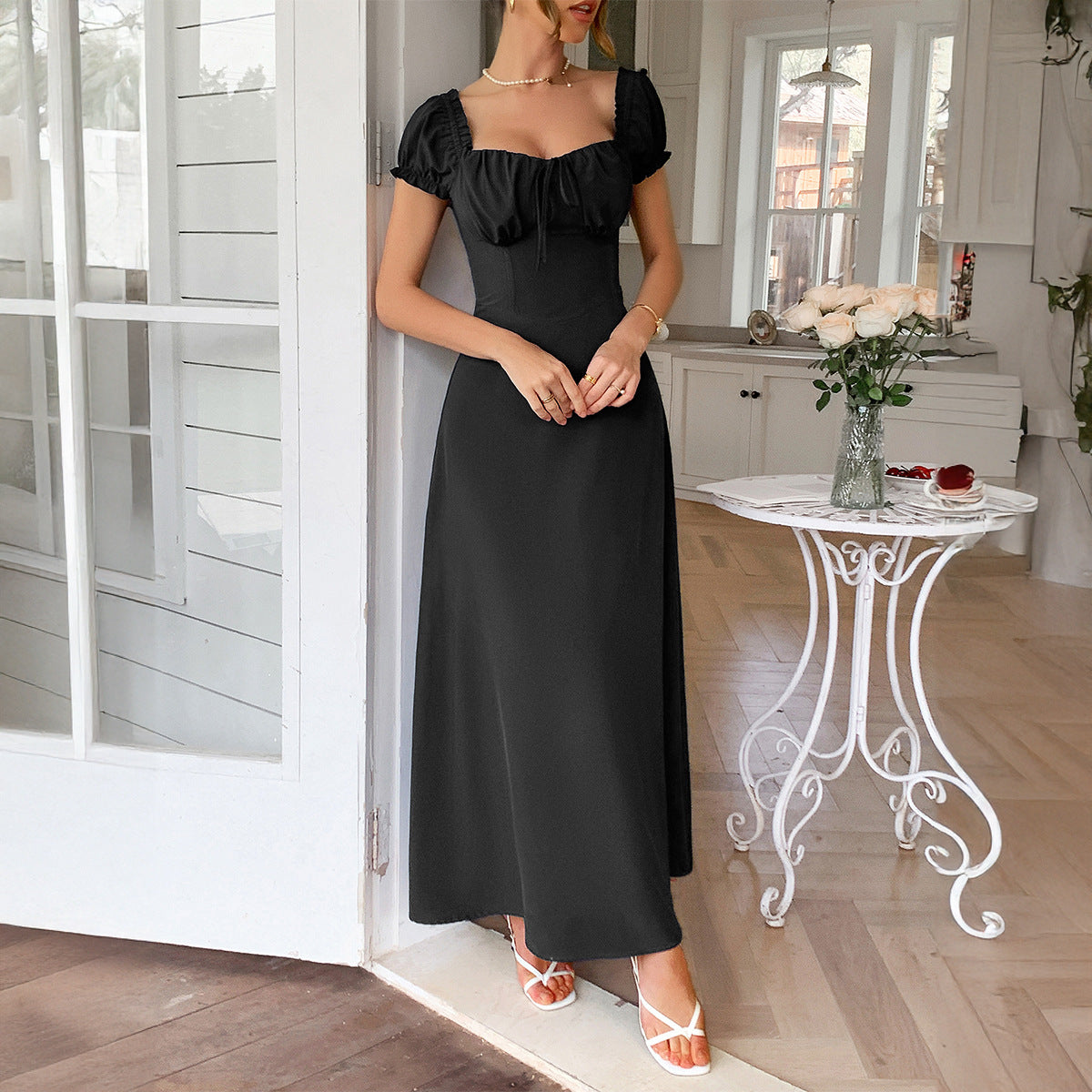 Black Off-Shoulder Bustier Fit & Flare  Dress