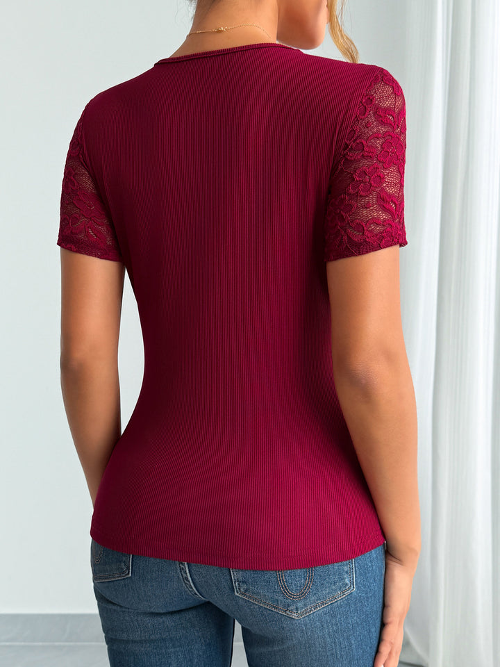 Wine Short Sleeve Scallop Neckline Top