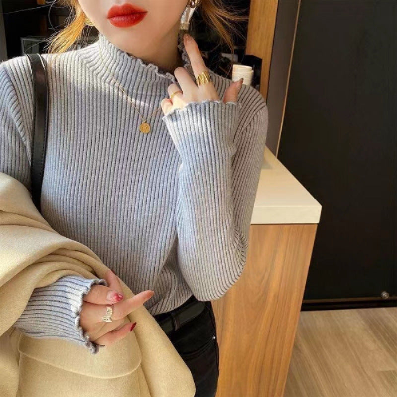 Grey Full Sleeve Scallop Hem Mock Neck Fitted Sweater