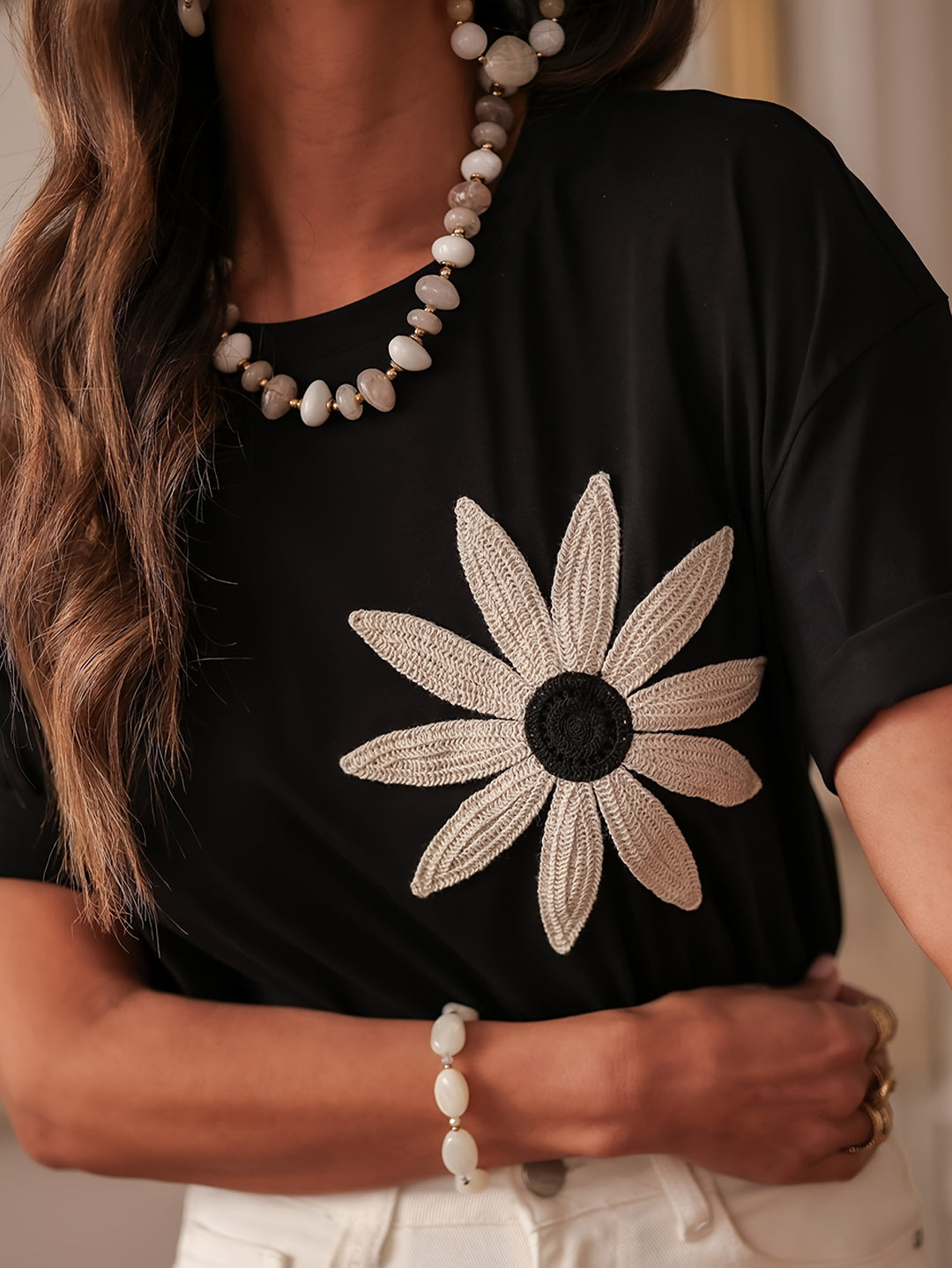 Black Short Sleeve Floral Embroidered Top