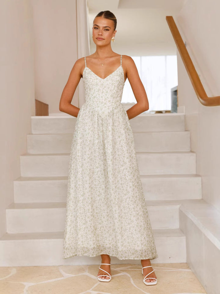 White Printed Pointed Waistline Dress